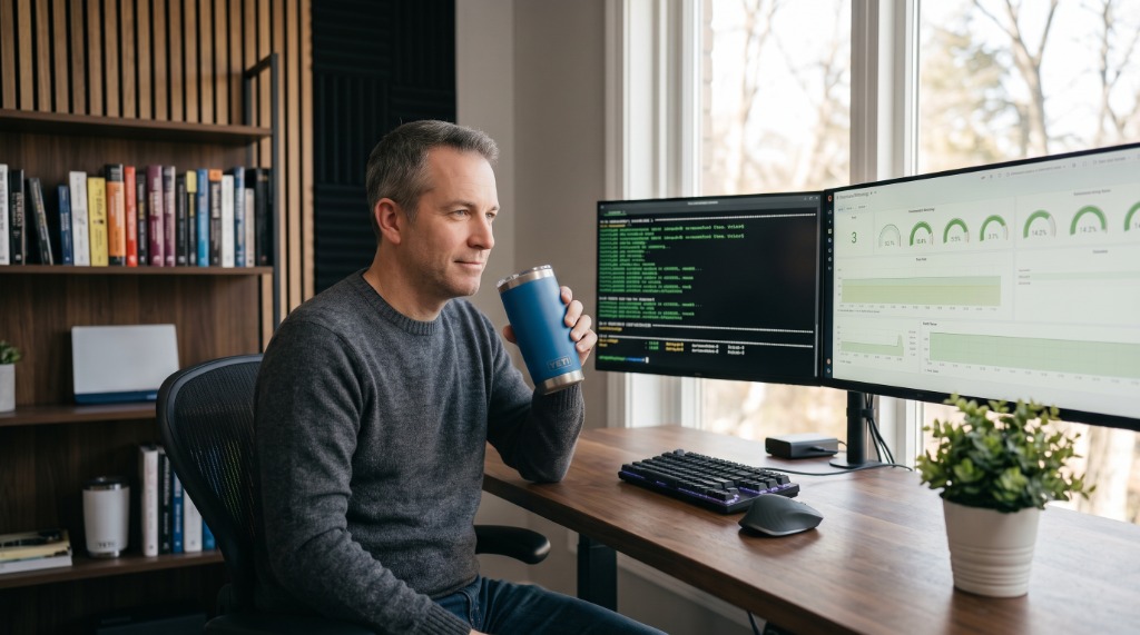 Database platform engineer commanding automated infrastructure from a modern workspace